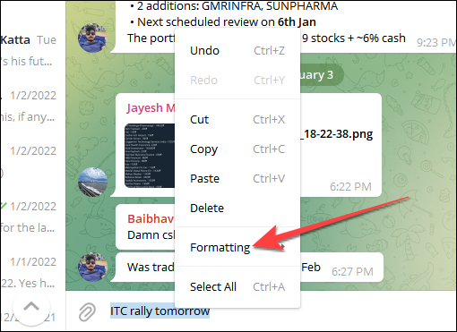 Clique com o botão direito do mouse nas palavras selecionadas para abrir o menu e escolha "Formatação" no aplicativo Telegram para desktop.