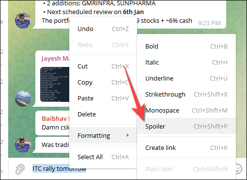 Selecione "Spoiler" no menu de formatação no aplicativo Telegram para desktop.