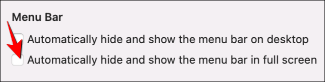 Desmarque a caixa "Ocultar e mostrar automaticamente a barra de menus em tela cheia".