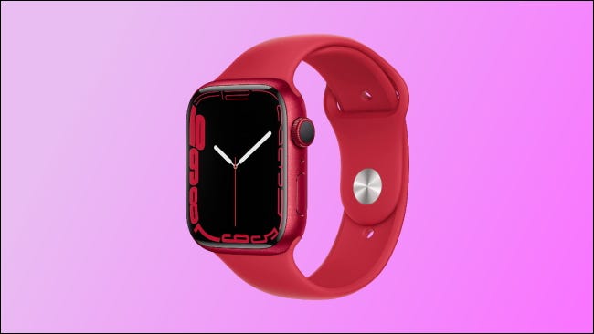 Apple Watch 7 vermelho em fundo rosa