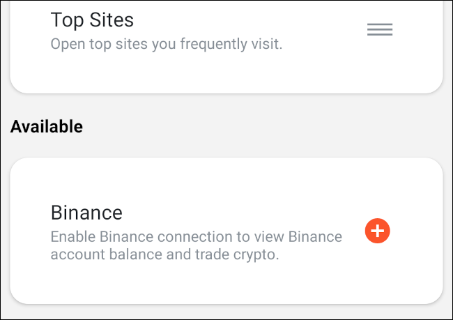 O cartão Binance foi removido da pilha de widgets no Brave mobile.