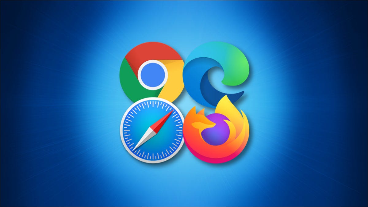 Ícones para quatro navegadores principais: Chrome, Edge, Safari e Firefox