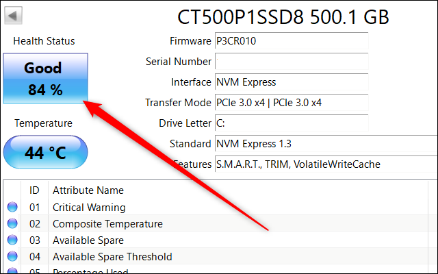 Crystal Disk Info exibindo o status de um SSD Crucial P1 NVMe.