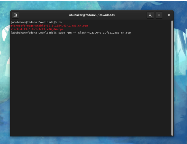 Digite o comando rpm para instalar o slack