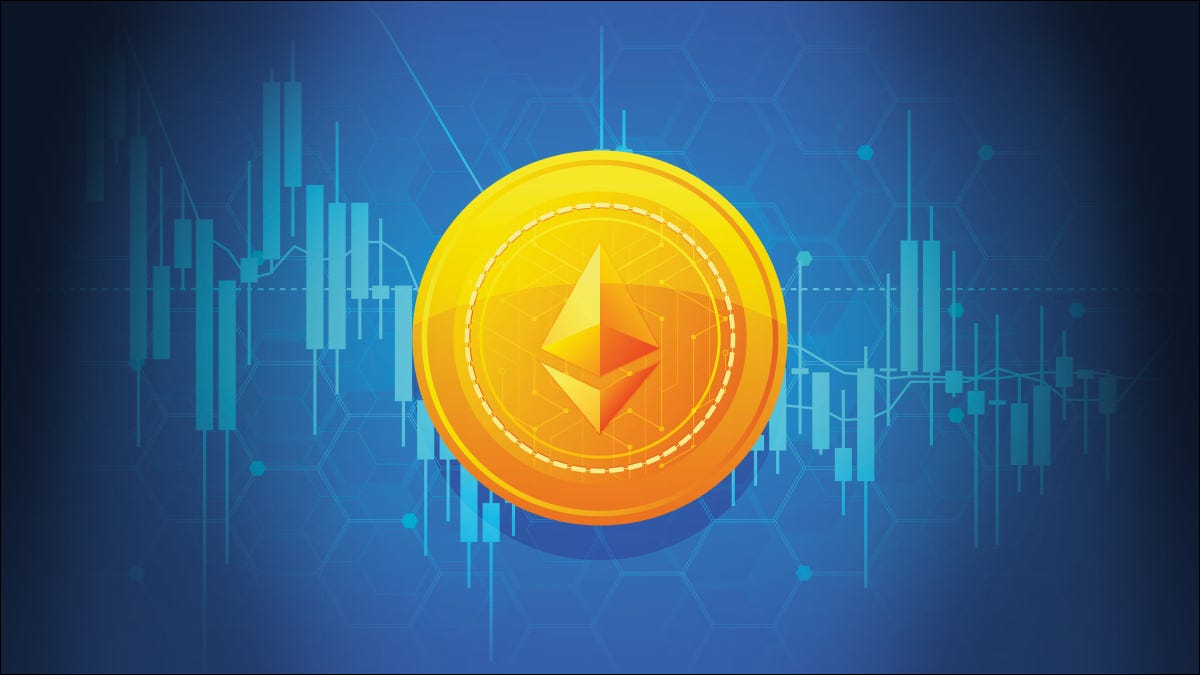 Uma ilustração de uma moeda Ethereum em um fundo azul