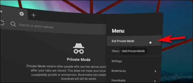 No navegador Oculus, clique em "Sair do modo privado".