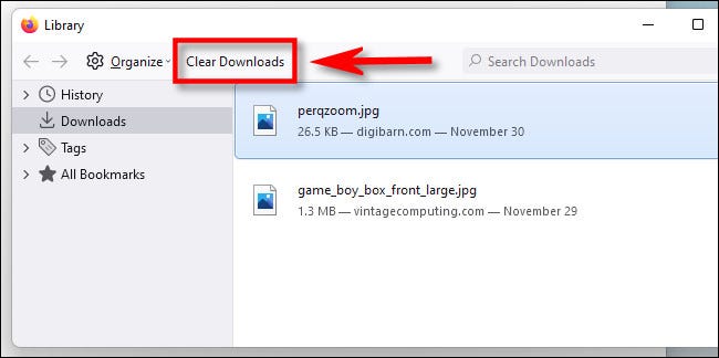 No Firefox, clique em "Limpar downloads".