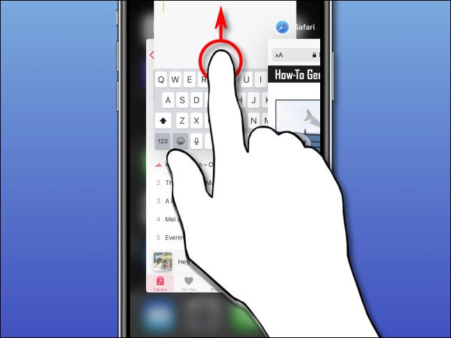 No alternador de aplicativos do iPhone, deslize para cima nas miniaturas dos aplicativos para fechá-los.