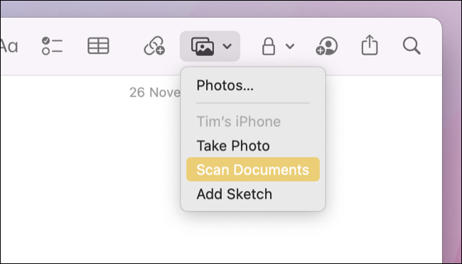 Inserir imagens ou documentos no macOS Notes