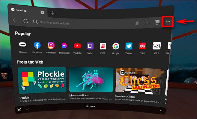 No navegador Oculus, clique no botão de menu de três pontos no canto superior direito da janela.