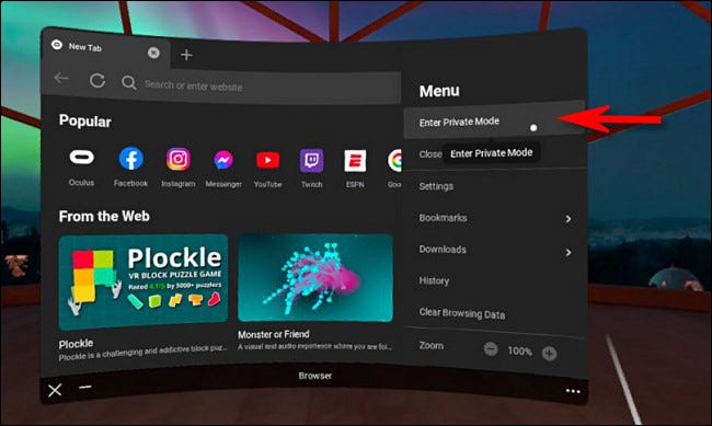 No navegador Oculus, clique em "Entrar no modo privado".