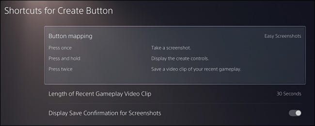O menu de configurações "Atalhos para o botão Criar" do PS5.