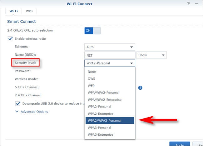 Nas configurações de nível de segurança Wi-Fi do seu roteador, escolha WPA2/WPA3 ou WPA3 Pessoal.