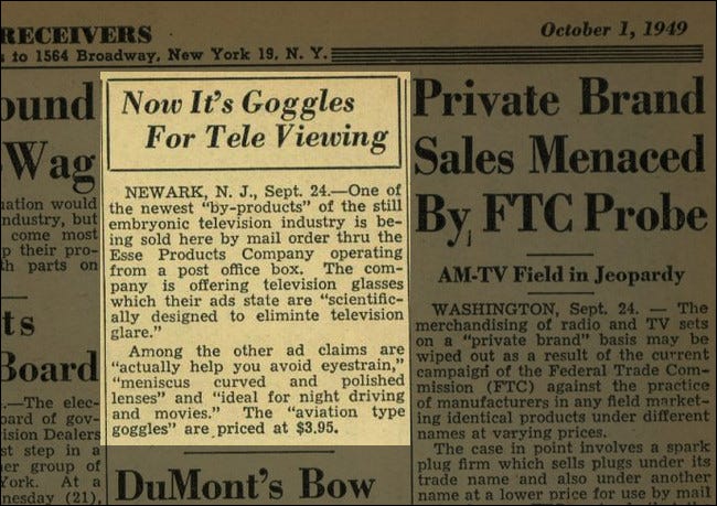 "Agora é o Goggles for Tele Viewing" artigo na revista Billboard, 1 de outubro de 1949.