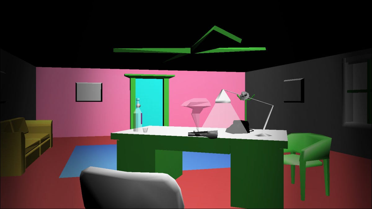 Uma cena de escritório VRML por volta de 1996 criada por Jeffrey K. Bedrick.