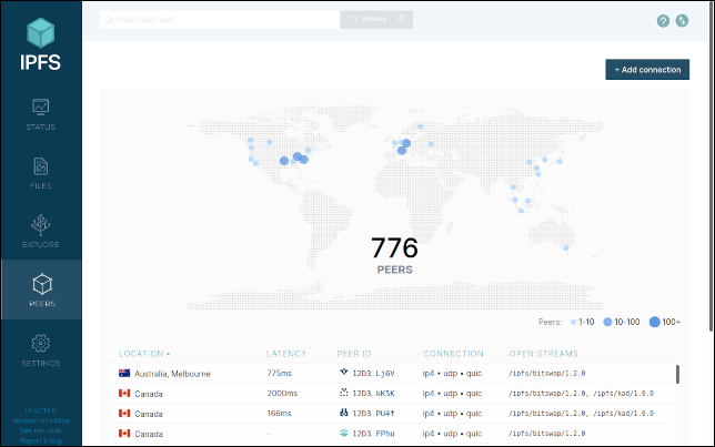 Tela de pares da interface da web IPFS