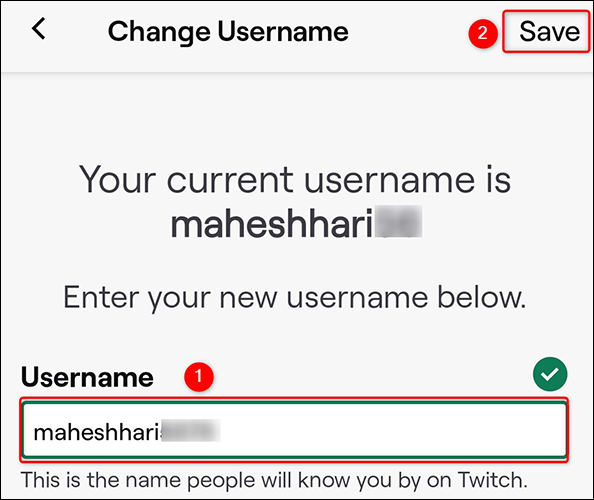 Digite o novo nome de usuário em "Nome de usuário" e toque em "Salvar".
