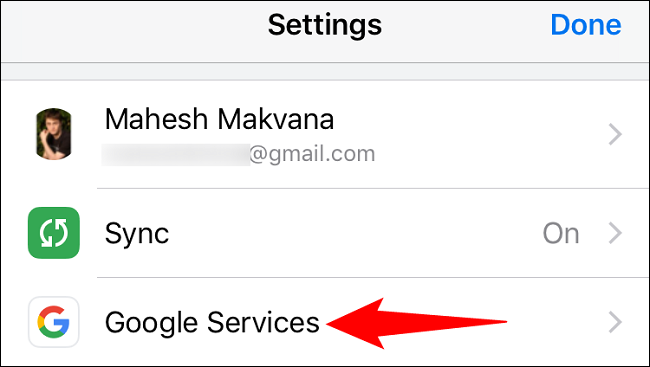 Escolha "Serviços do Google" em "Configurações".