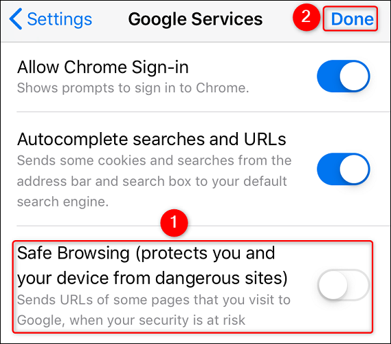 Desative "Navegação Segura" e toque em "Concluído".