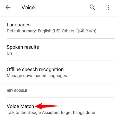 Selecione "Voice Match" na página "Voice".