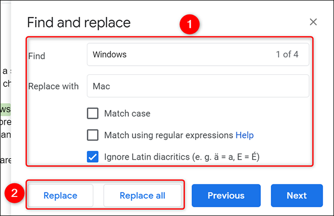 Localize e substitua texto no Google Docs na área de trabalho.