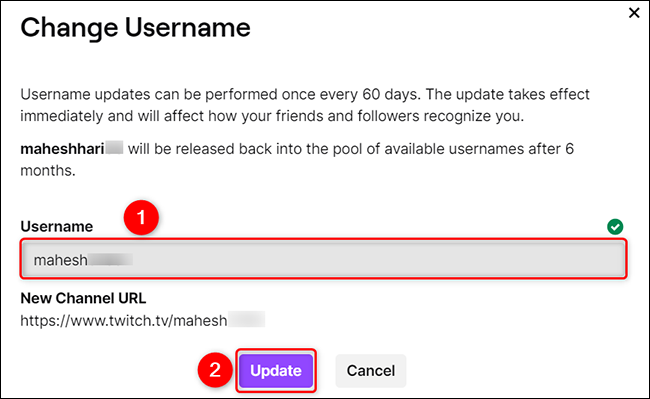 Digite o novo nome de usuário em “Nome de usuário” e clique em “Atualizar”.
