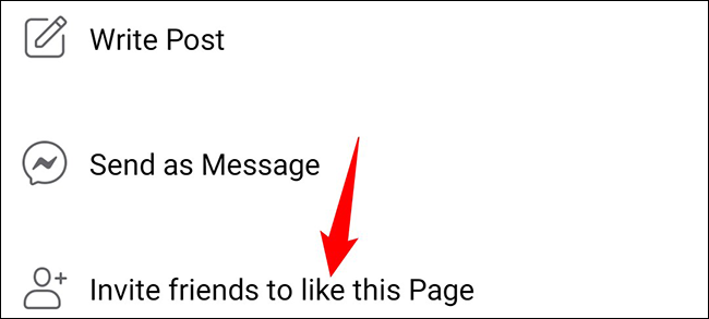 Toque em "Convidar amigos para curtir esta página" no menu.