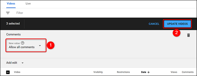 Selecione uma opção de comentário e clique em "Atualizar vídeos".