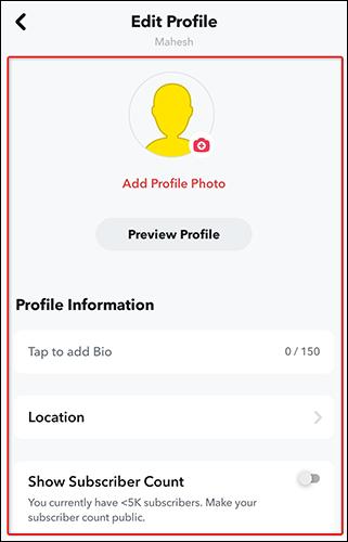 Edite o perfil público do Snapchat.