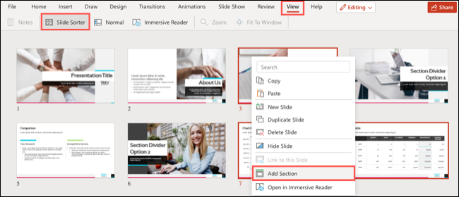 Adicionar seção no PowerPoint na Web