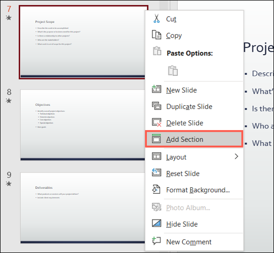 Adicionar seção no menu de atalho no PowerPoint no Windows