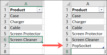 Adicionar um item a uma tabela no Excel