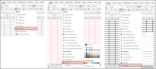 Opções de borda no Excel