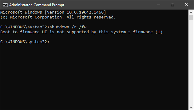 Mensagem de prompt de comando indicando argumento /fw não aceito