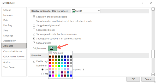 Opções de cores da linha de grade