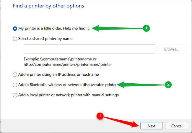 Clique em "Minha impressora é um pouco mais antiga. Ajude-me a encontrá-la" ou "Adicionar uma impressora Bluetooth, sem fio ou de rede detectável".  Em seguida, clique em "Avançar"
