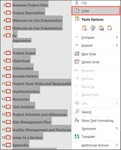 Títulos de slide selecionados