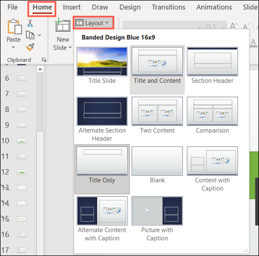 Layouts de título de slide atuais