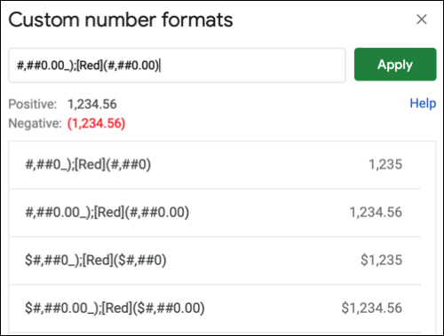 Formatos de números negativos