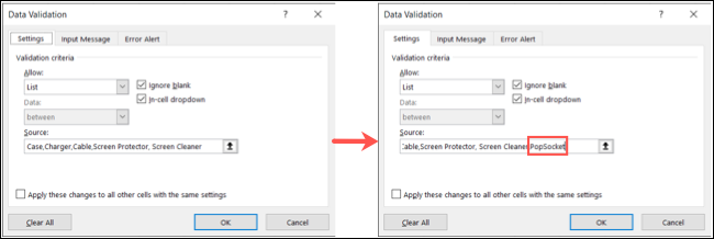 Lista de validação de dados atualizada