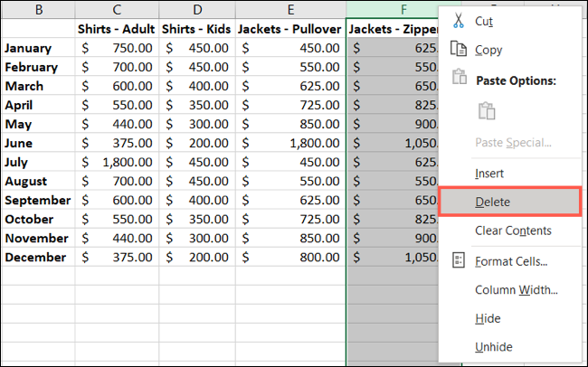 Excluir uma única coluna no Excel