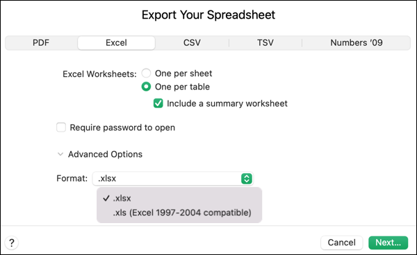 Seleção de formato de arquivo do Excel