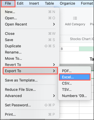 Selecione Arquivo, Exportar para, Excel