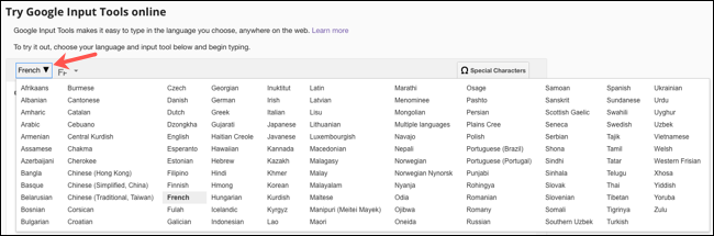 Idiomas das Ferramentas de inserção de texto do Google