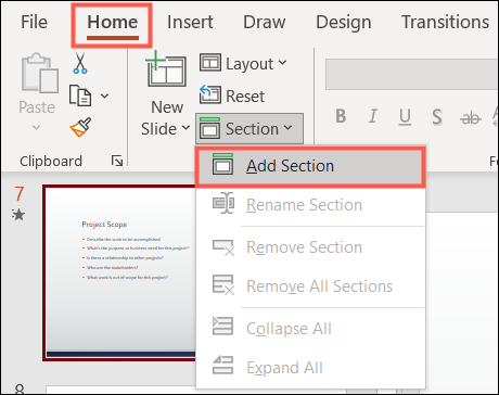 Adicionar uma seção na guia Página inicial no PowerPoint no Windows