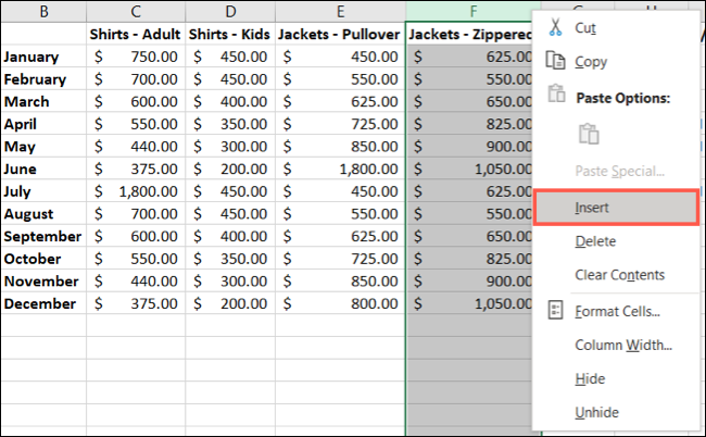 Inserir uma única coluna no Excel