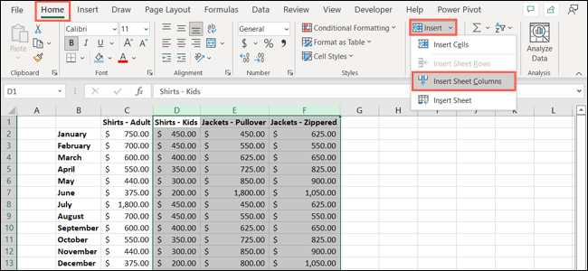 Inserir várias colunas no Excel