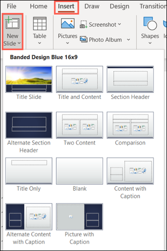 Escolha um tipo de slide para adicionar