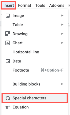 Caracteres especiais no menu Inserir