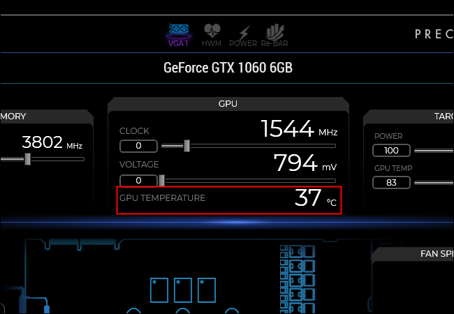 Caixa vermelha encapsulando a temperatura da GPU